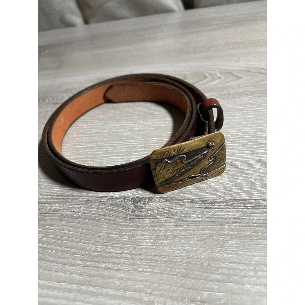 Vintage Brown Leather Belt Mixed Metal Abstract Buckle Boho Southwestern nature